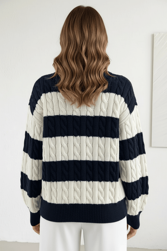 Liora – Women’s Oversized Wool Blend Cable Knit V-Neck Striped Sweater
