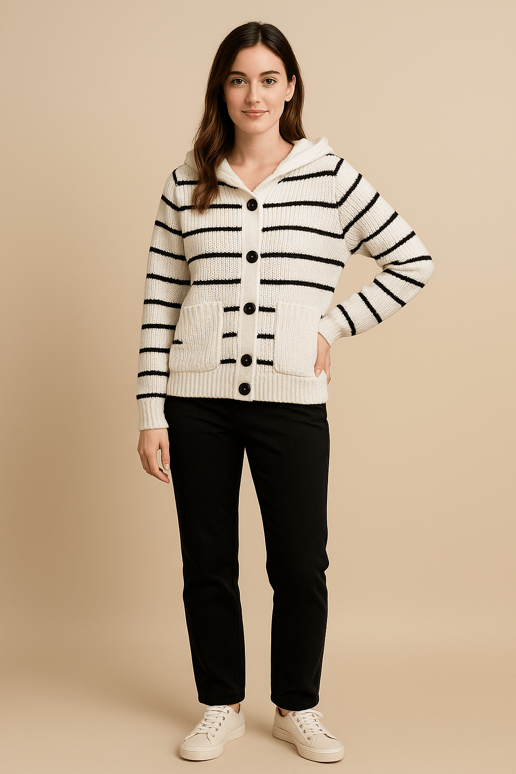 Ashford | Maja – Women’s Striped Knit Hooded Cardigan with Button Front - Ashford London Clothing