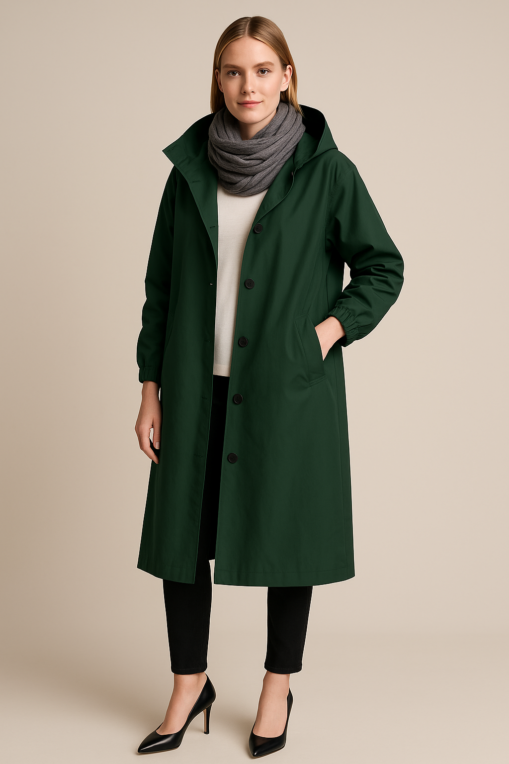 Ruby – Women’s Hooded Long Trench Coat with Pockets