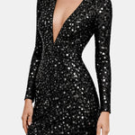 Malaya – Deep V Sequin Evening Dress with Long Sleeves