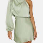 Adalee – One-Shoulder Satin Statement Dress with Asymmetric Sleeve