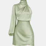Adalee – One-Shoulder Satin Statement Dress with Asymmetric Sleeve