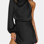 Adalee – One-Shoulder Satin Statement Dress with Asymmetric Sleeve