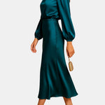 Alexa – High-Waist Satin Midi Dress with Elegant Drape