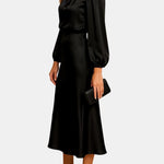 Alexa – High-Waist Satin Midi Dress with Elegant Drape