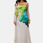 Alivora - Printed Single Sleeve Maxi Cocktail Dress