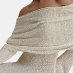 Amelie – Off-Shoulder Bouclé Maxi Dress with Sculpted Silhouette