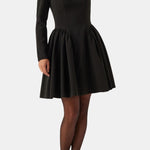 Andie – Square Neck Volume Skirt Long Sleeve Mini Dress in Black