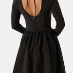Andie – Square Neck Volume Skirt Long Sleeve Mini Dress in Black