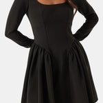 Andie – Square Neck Volume Skirt Long Sleeve Mini Dress in Black