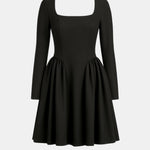 Andie – Square Neck Volume Skirt Long Sleeve Mini Dress in Black