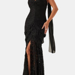 Ariah – Halter Neck Lace Long Evening Dress in Black
