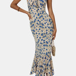 Arisha – Knotted Irregular Hem Floral Long Dress in Blue