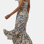 Arisha – Knotted Irregular Hem Floral Long Dress in Blue