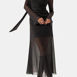 Arlette – Scarf Neck Polka Dot Long Dress in Black