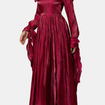 Avianna – Draped Scarf Pleated Long Dress in Burgundy