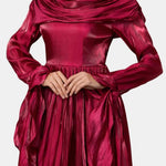 Avianna – Draped Scarf Pleated Long Dress in Burgundy