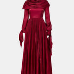 Avianna – Draped Scarf Pleated Long Dress in Burgundy