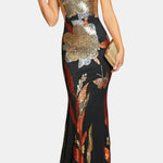 Aylani – One Shoulder Floral Sequin Party Dress in Black