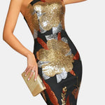 Aylani – One Shoulder Floral Sequin Party Dress in Black