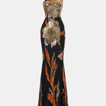 Aylani – One Shoulder Floral Sequin Party Dress in Black