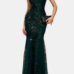 Bea – One Shoulder Mermaid Sequin Evening Dress in Dark Green