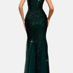 Bea – One Shoulder Mermaid Sequin Evening Dress in Dark Green