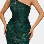 Bea – One Shoulder Mermaid Sequin Evening Dress in Dark Green