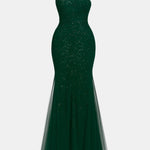 Bea – One Shoulder Mermaid Sequin Evening Dress in Dark Green