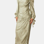 Charie – Ruched Satin Maxi Dress With Lantern Sleeve Elegance