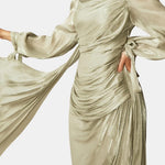 Charie – Ruched Satin Maxi Dress With Lantern Sleeve Elegance