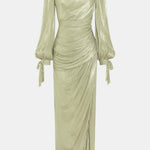 Charie – Ruched Satin Maxi Dress With Lantern Sleeve Elegance