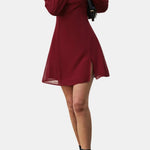 Elia – Stand-Collar Sheer-Sleeve Slit Mini Dress