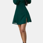 Elia – Stand-Collar Sheer-Sleeve Slit Mini Dress