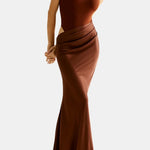 Eliora – Halter Cutout Satin Slim Dress in Dark Brown