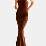 Eliora – Halter Cutout Satin Slim Dress in Dark Brown
