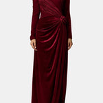 Frances – Ruched Velvet Maxi Dress with Floral Waist Detail