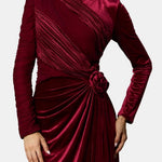 Frances – Ruched Velvet Maxi Dress with Floral Waist Detail