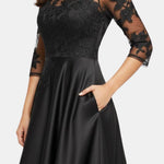 Gina – Illusion Neck A-Line Midi Dress in Black