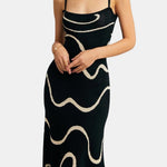 Iliana - Black Wave-Pattern Mermaid-Hem Knit Midi Dress