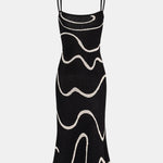 Iliana - Black Wave-Pattern Mermaid-Hem Knit Midi Dress