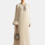 Isolana – Diamante Feathered Pleated Maxi Chiffon Dress