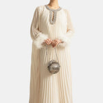 Isolana – Diamante Feathered Pleated Maxi Chiffon Dress