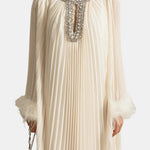 Isolana – Diamante Feathered Pleated Maxi Chiffon Dress