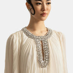 Isolana – Diamante Feathered Pleated Maxi Chiffon Dress