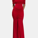 Jenesis – Slinky Off-Shoulder Mesh Maxi Dress