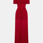 Jenesis – Slinky Off-Shoulder Mesh Maxi Dress