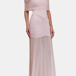 Jenesis – Slinky Off-Shoulder Mesh Maxi Dress