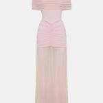 Jenesis – Slinky Off-Shoulder Mesh Maxi Dress