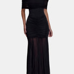 Jenesis – Slinky Off-Shoulder Mesh Maxi Dress